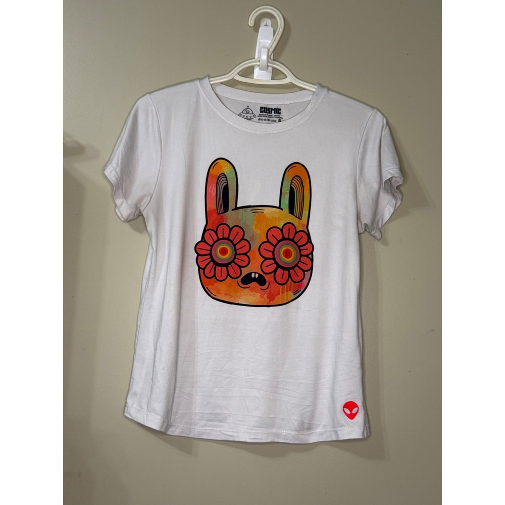 Cosmic White Graphic T Shirt Psychedelic Flower Alien Y2K Logo Small Tee